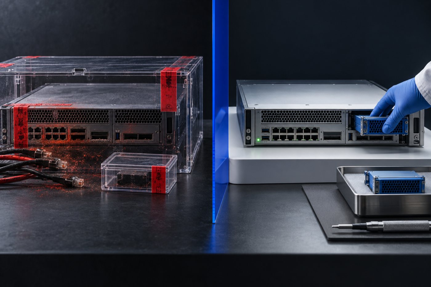 A suspected compromised FMC appliance enters forensic recovery while a clean affected system receives a hotfix.