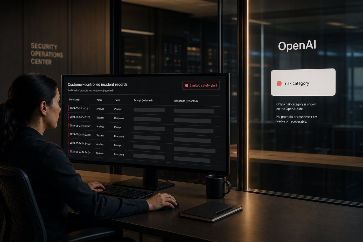 El cliente investiga una alerta con sus propios registros mientras OpenAI recibe solo una categoría limitada de riesgo.