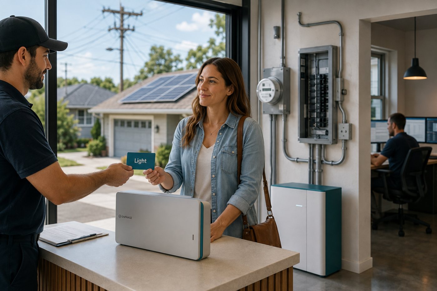 A solar-and-battery purchase flows into a partner-branded electricity plan administered by Light.