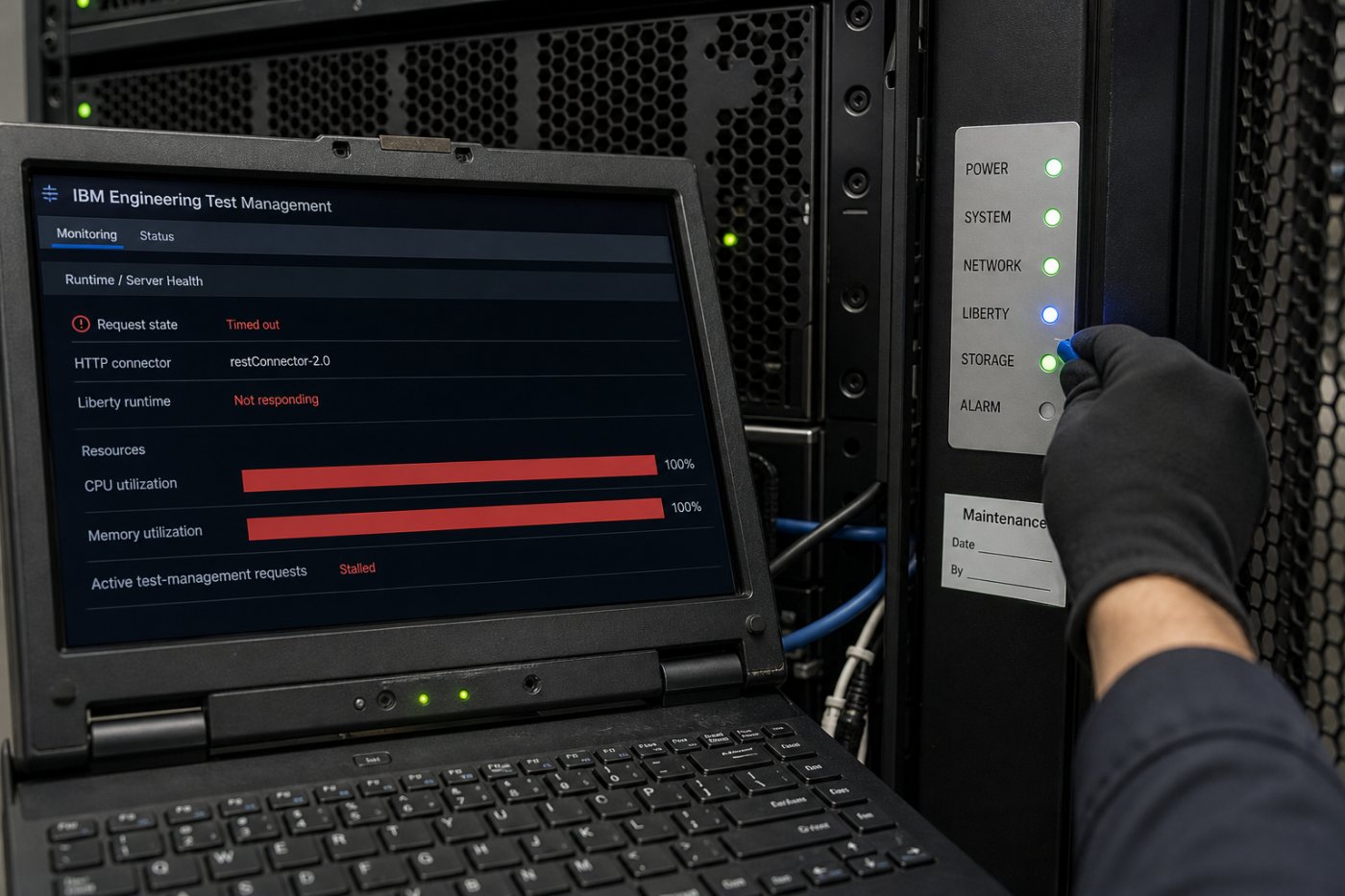Runtime Liberty com restConnector-2.0 ativo esgota recursos e interrompe operações do IBM Engineering Test Management.