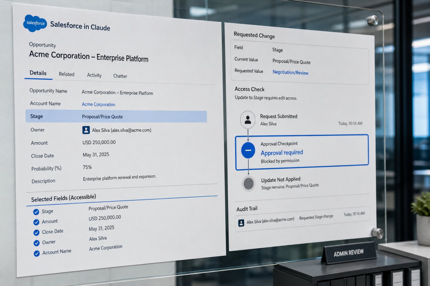 Administrador verifica permissões do Salesforce enquanto uma alteração restrita permanece bloqueada pelas regras da empresa.