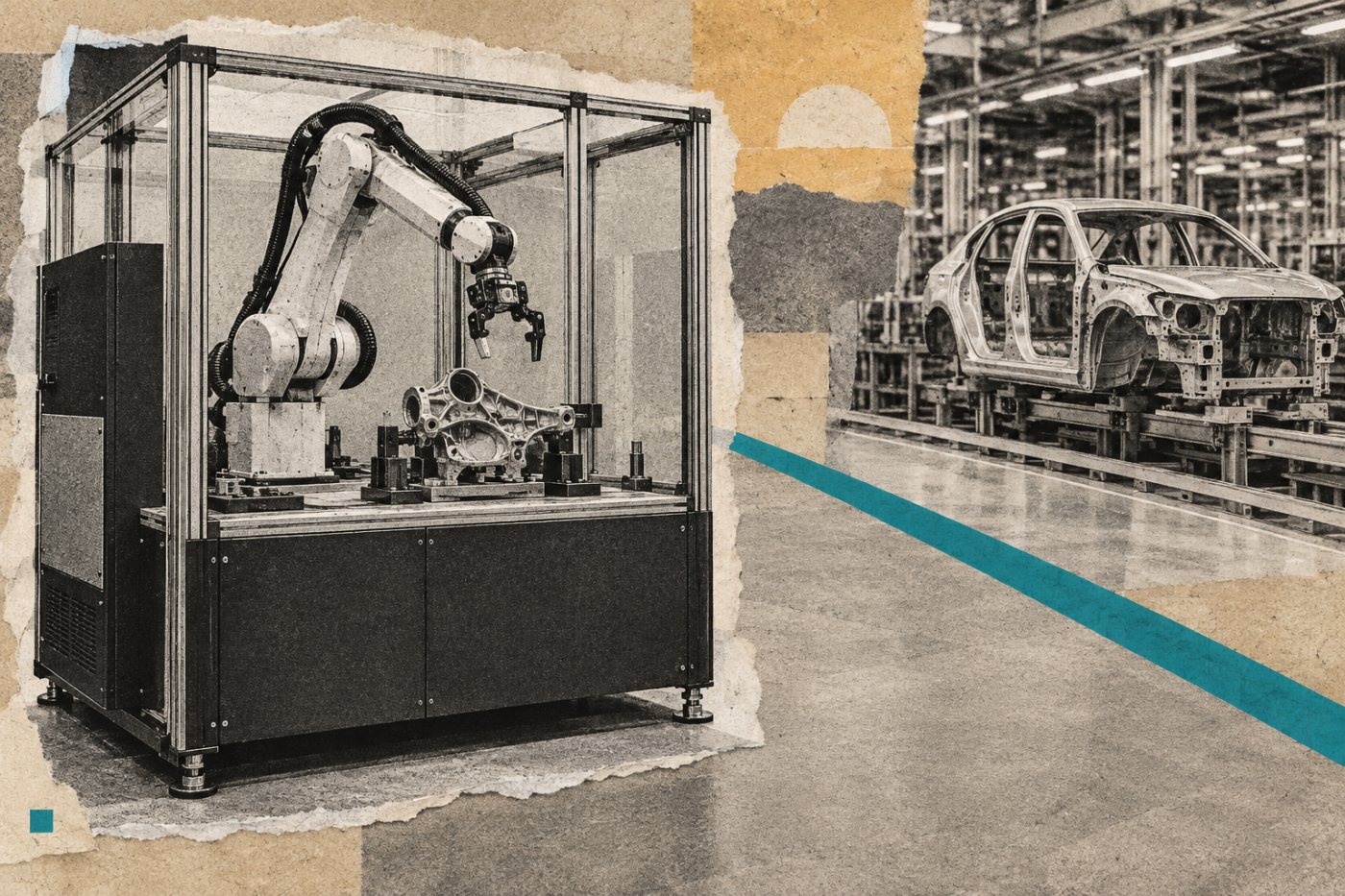 แนวคิดเปรียบเทียบสถานีหุ่นยนต์ Industrial Next ที่อยู่ขั้นประเมินกับสายผลิตรถยนต์ BMW ซึ่งยังไม่มีประกาศติดตั้งระบบ