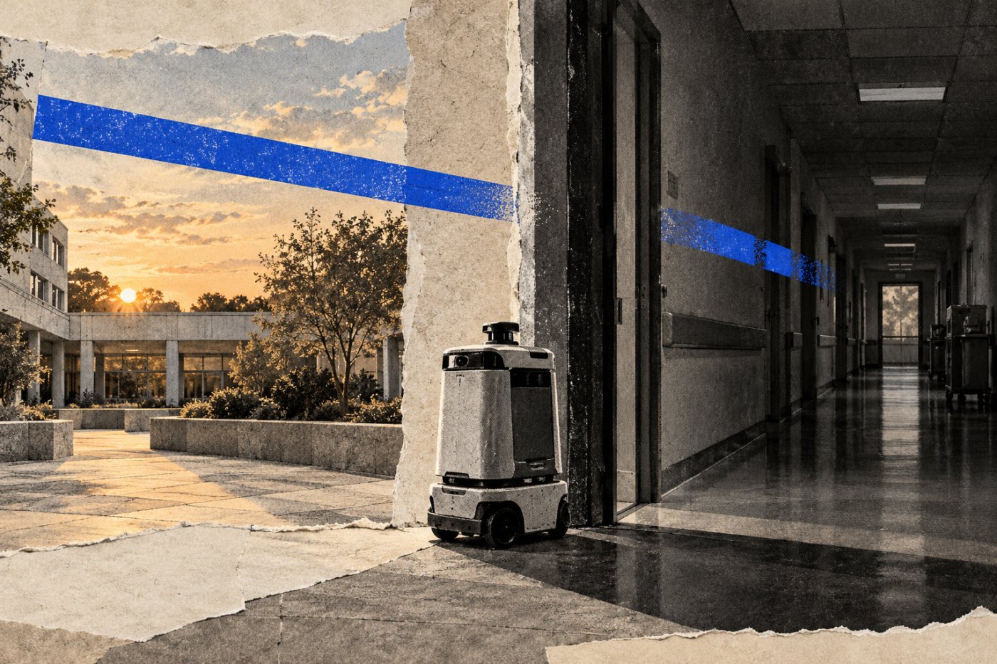 En autonom robot passerar från öppen yta till sjukhuskorridor, där byggnaden skymmer satellitsignalerna.