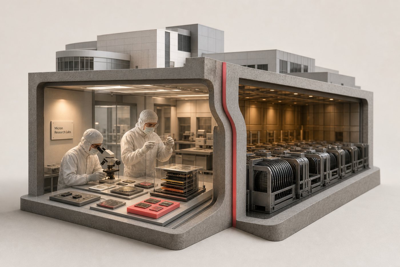 Perbedaan antara riset eksperimental Micron Research Labs dan produksi massal wafer di pabrik semikonduktor.
