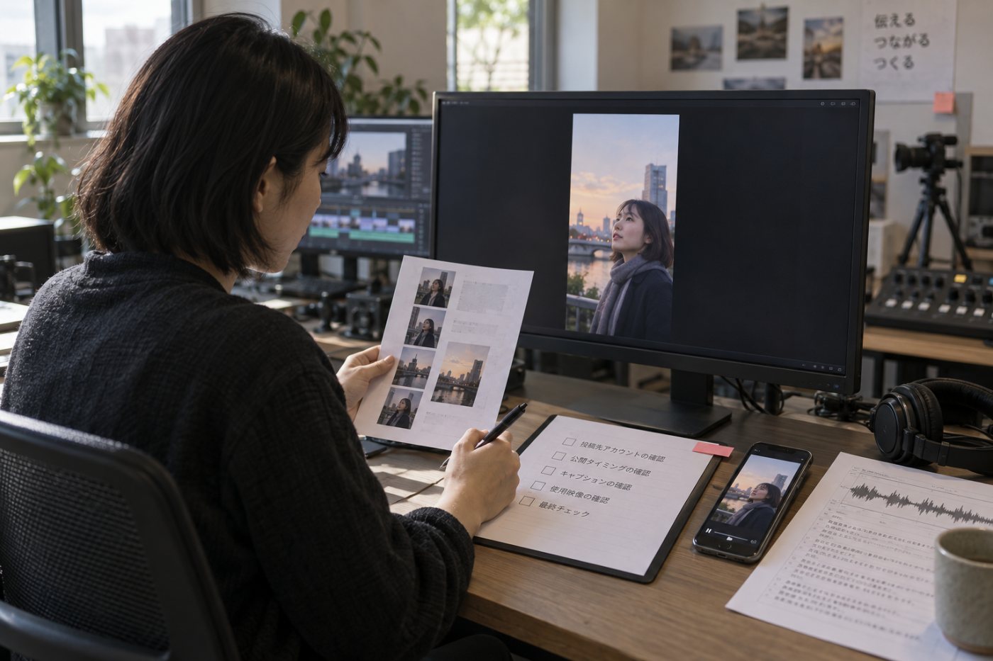完成したクリップの投稿先、公開時刻、字幕、元録画を予約前に確認する工程