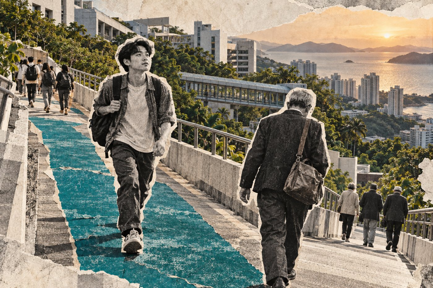 香港不同职业阶段的劳动者同处城市通行空间,呼应会议对人口变化与终身学习的关注。