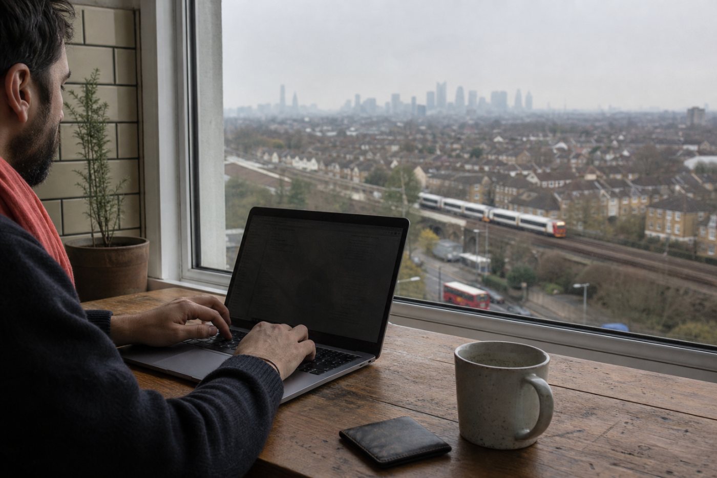 An outer-London hybrid worker stays home while facing a long route to the central business district.