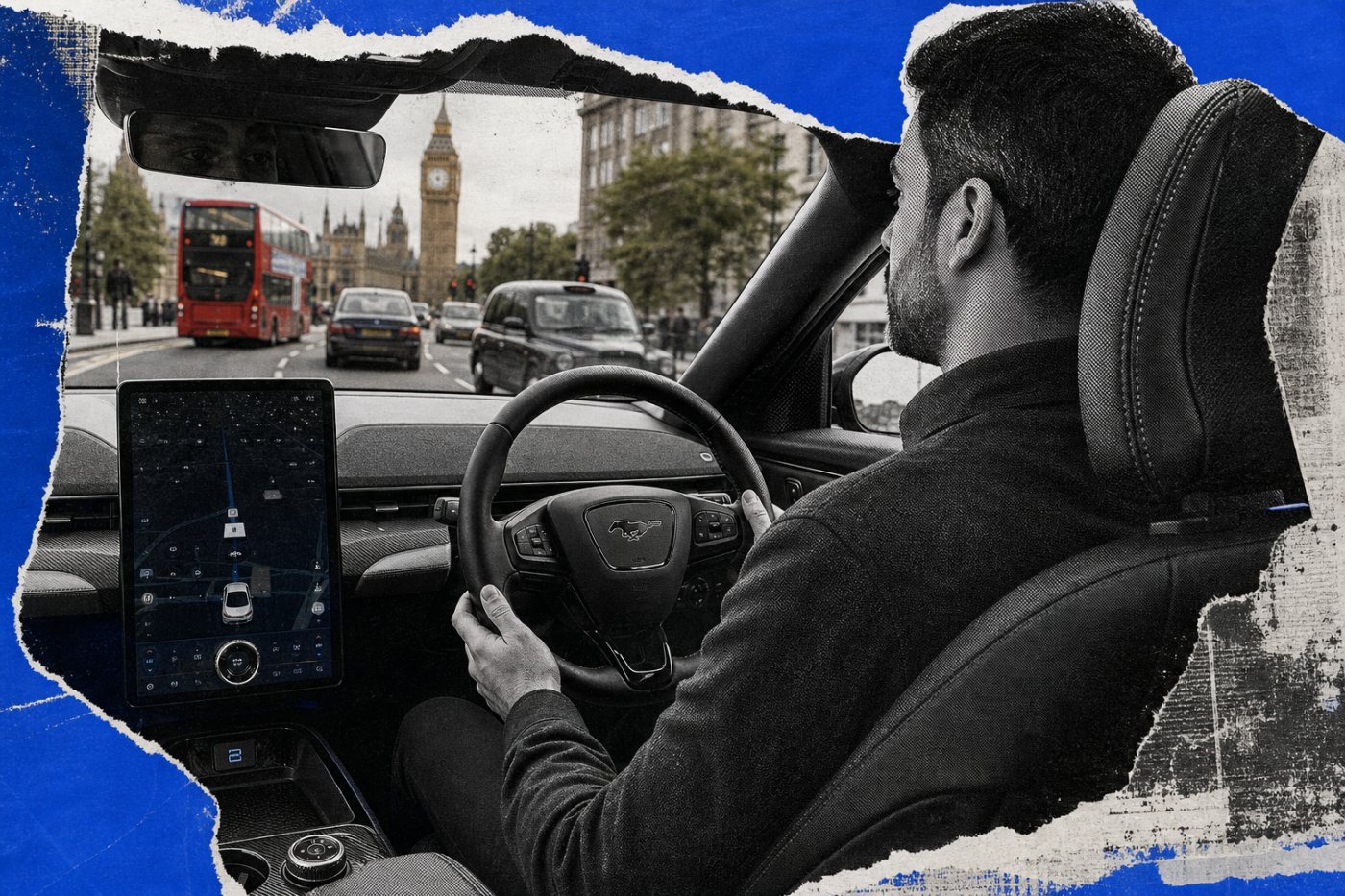 Der Wayve AI Driver führt die Fahrt aus, während ein Sicherheitsfahrer am Lenkrad den Londoner Verkehr überwacht.
