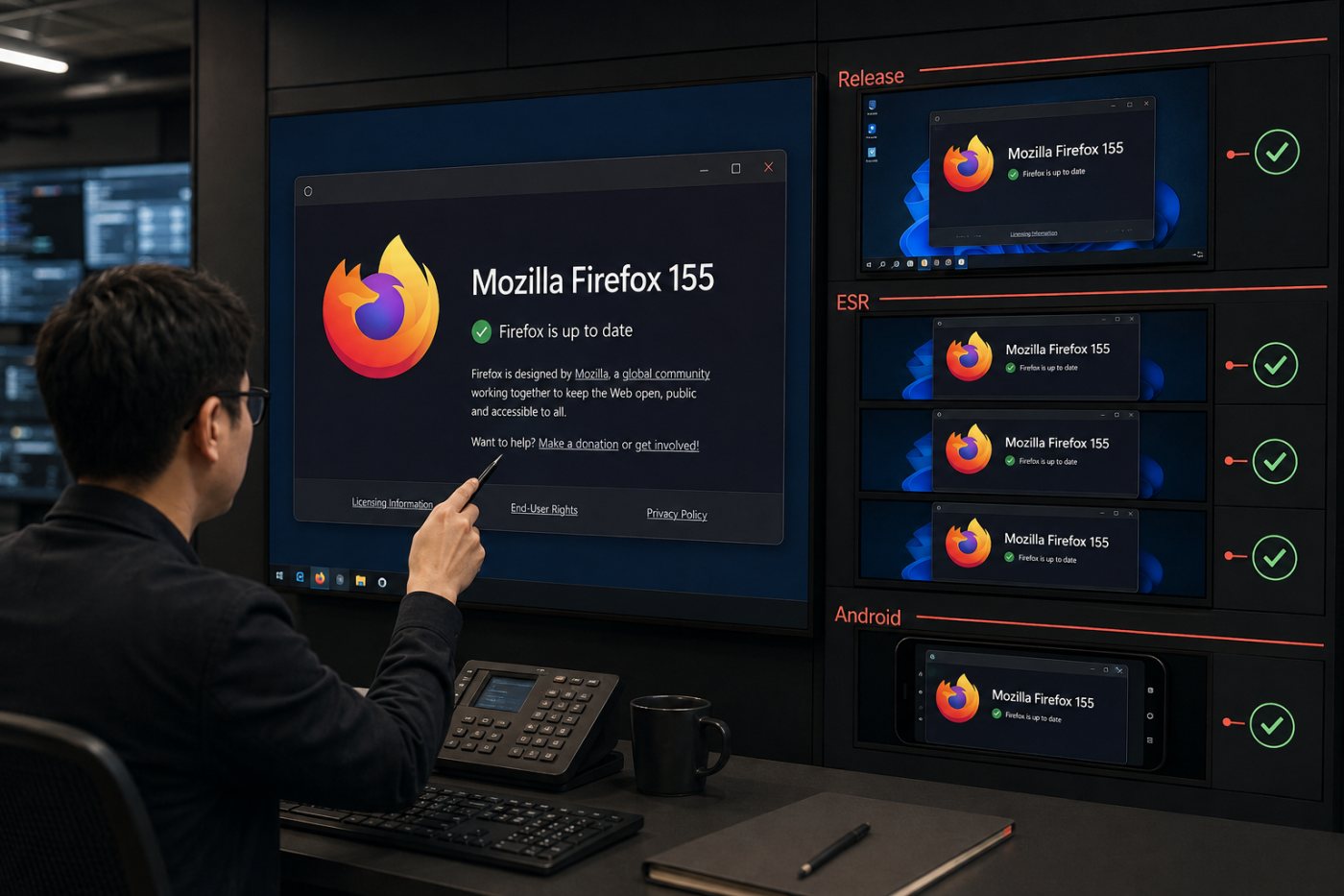 기업 관리자가 Firefox 일반판과 ESR 계열별 수정 버전 적용 상태를 구분해 확인하는 과정