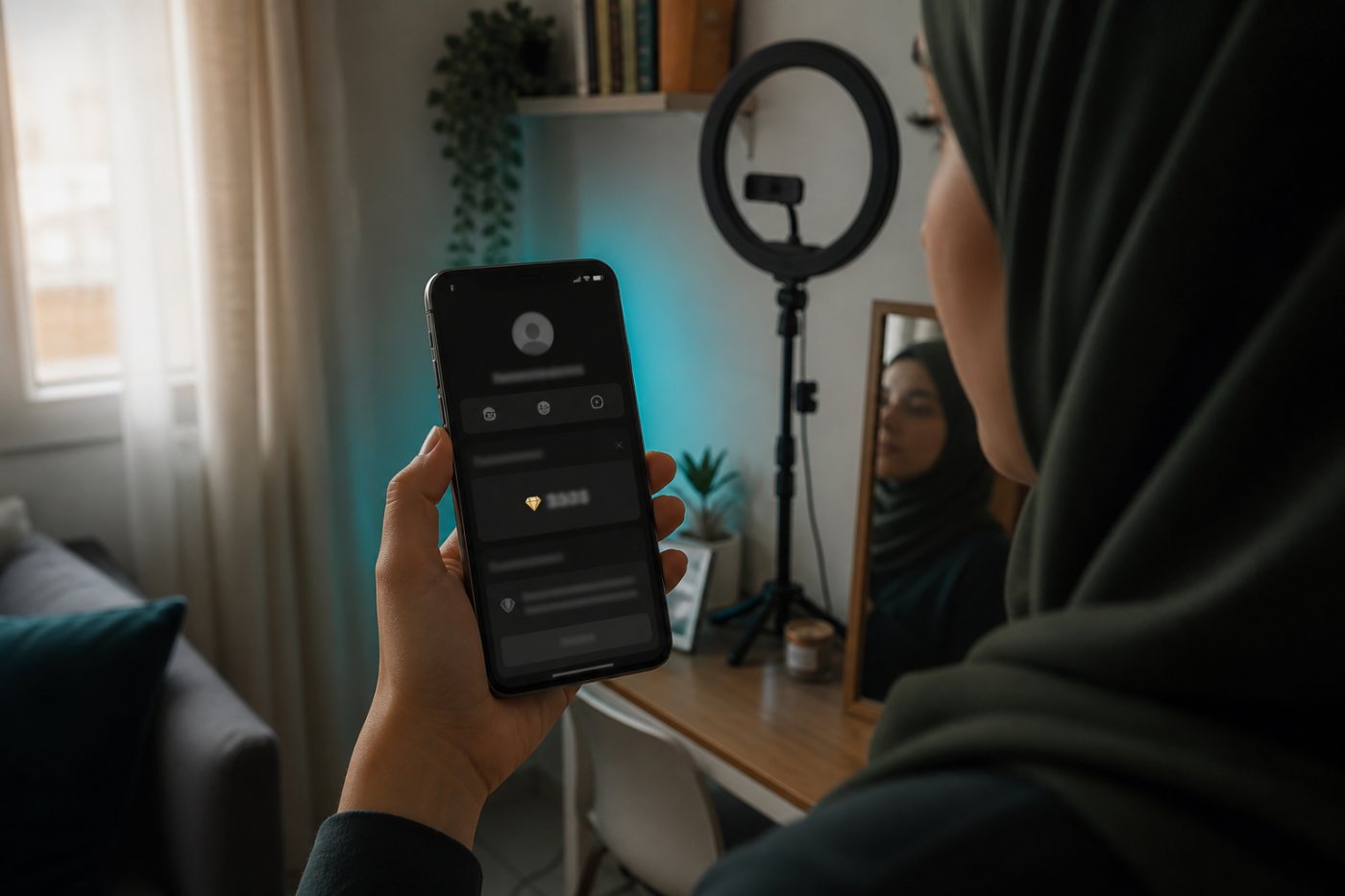 فحص رصيد Diamonds عبر Balance وLIVE rewards مع ظهور شروط البلد والحساب قبل خيارات المكافأة.