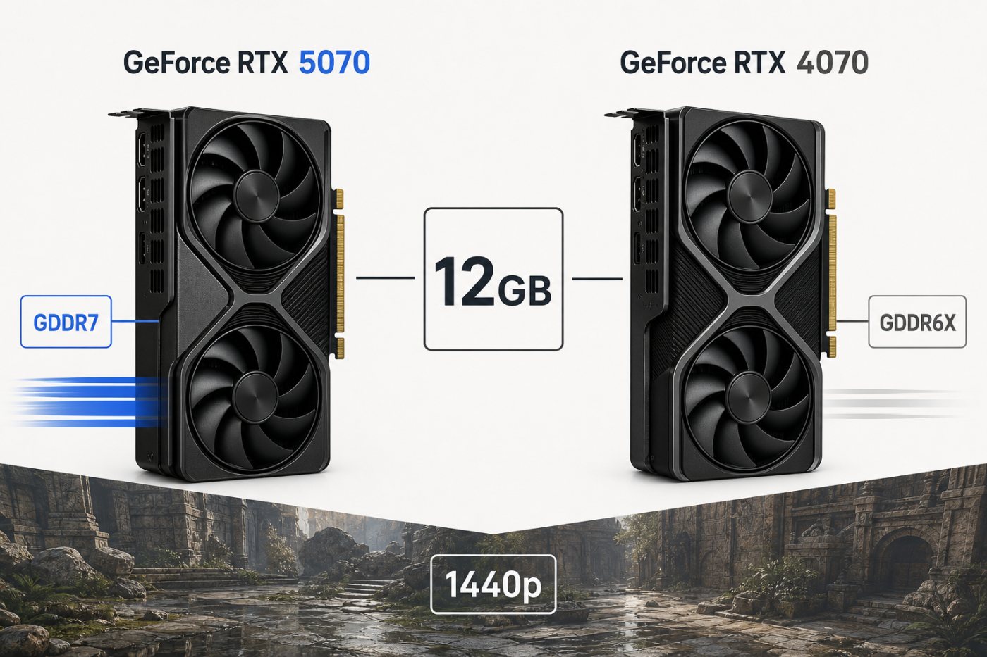 RTX 5070 and RTX 4070 compared at 12GB VRAM, with faster memory bandwidth but no increase in capacity.