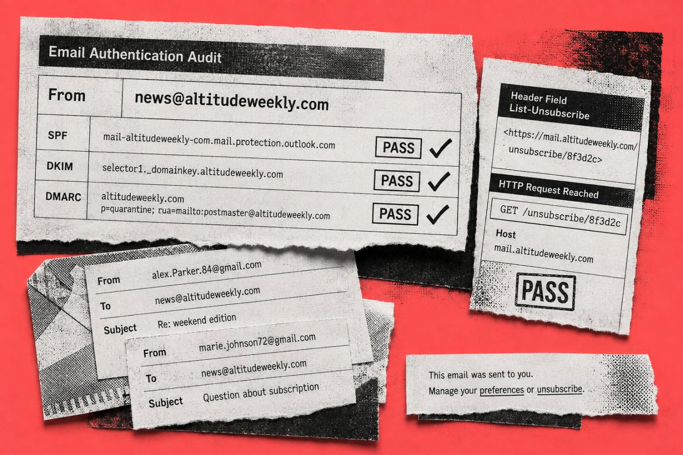 A bulk-newsletter audit verifies SPF, DKIM, DMARC alignment and header-based unsubscribe for Gmail delivery.
