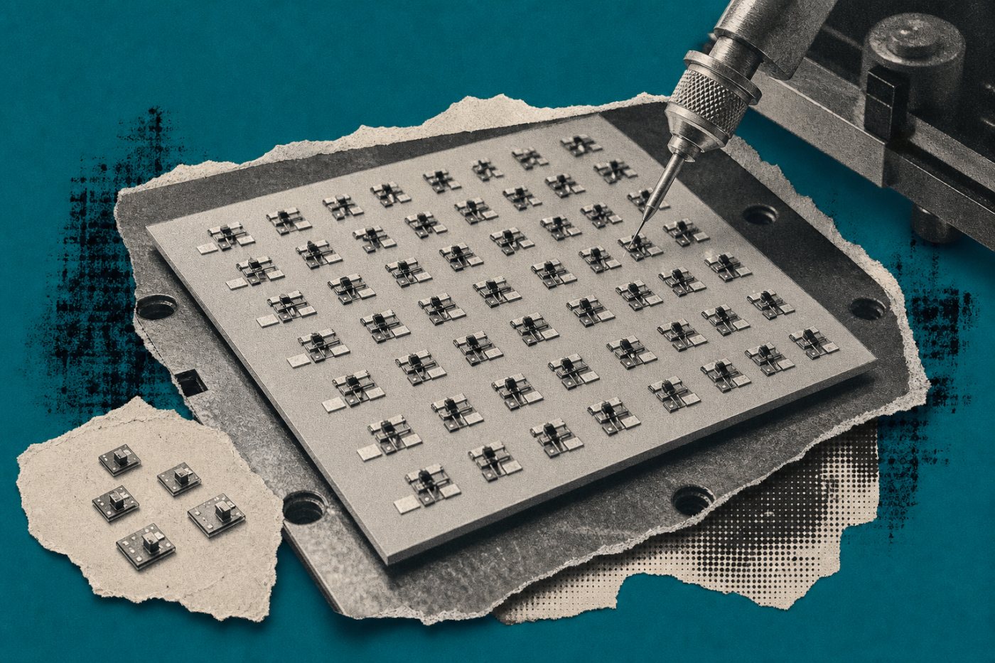 Una matriz de interruptores fotoprogramables ya fabricada permanece sin las interconexiones necesarias para formar un circuito completo.