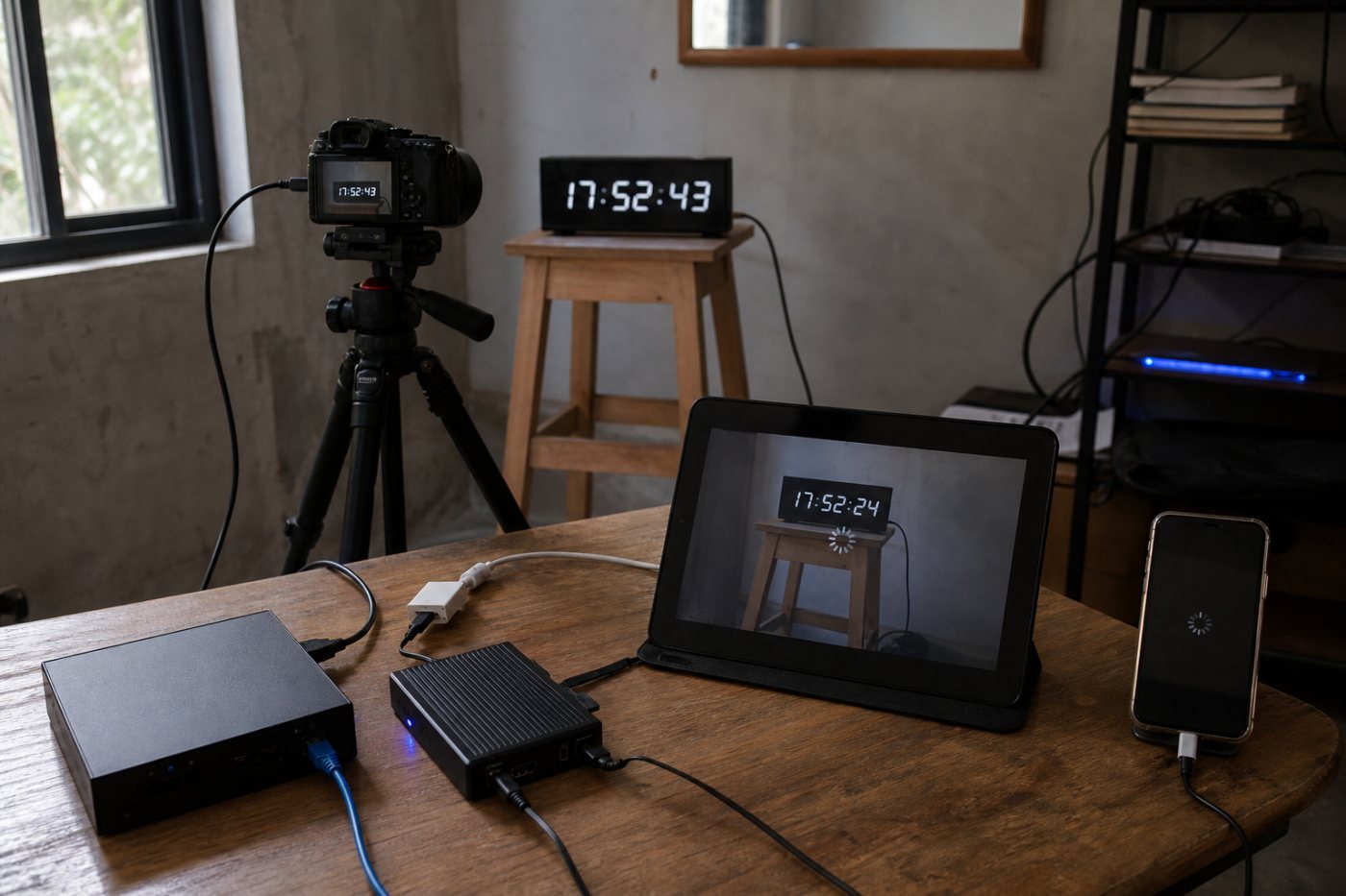 Prueba de latencia de YouTube Live que compara el reloj capturado con el reproducido en otro dispositivo.