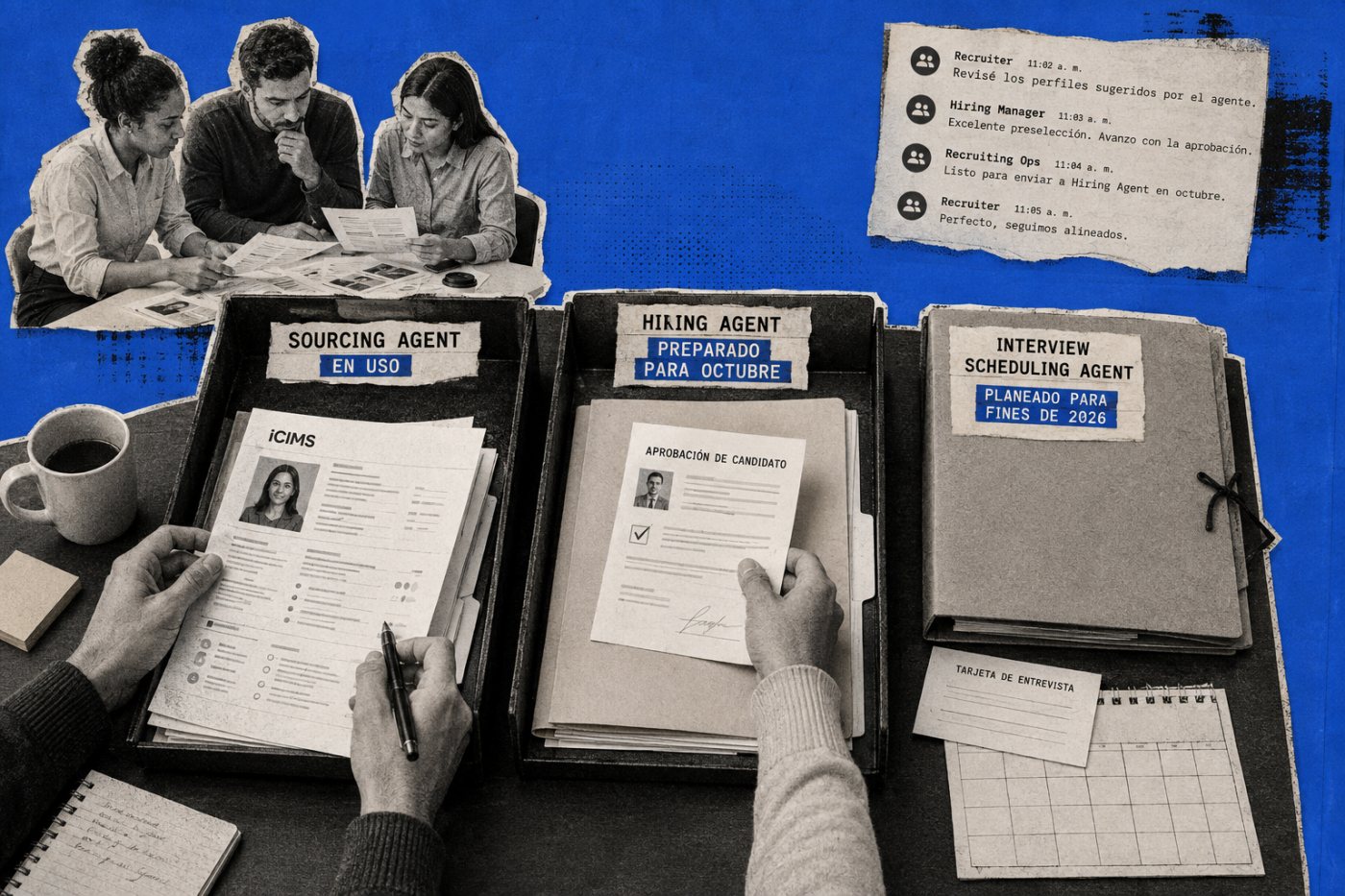 Los agentes de iCIMS aparecen en tres estados: sourcing disponible, aprobaciones previstas para octubre y programación de entrevistas pendiente.