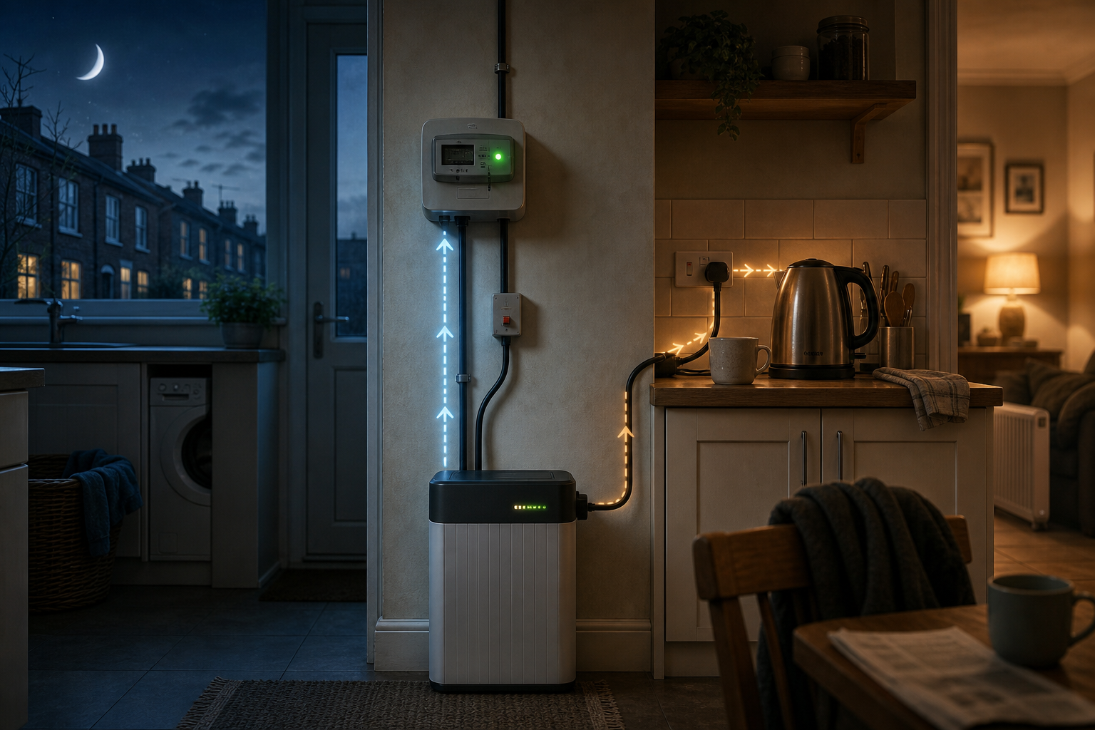 A plug-in home battery stores cheaper electricity overnight and supplies household appliances during a higher-priced evening period.