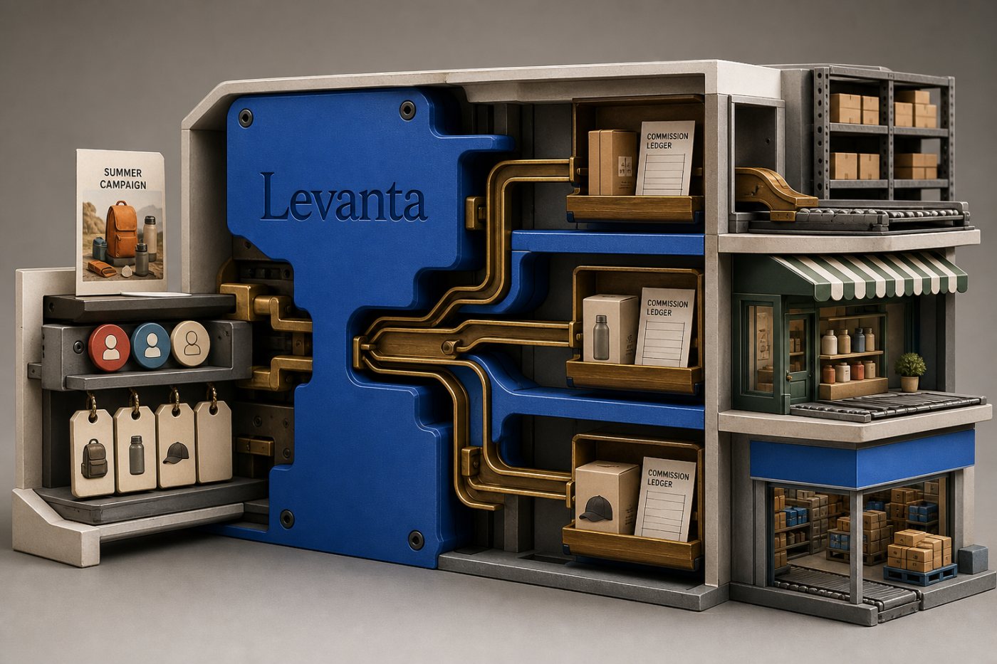 Levanta coordina captación de creadores, enlaces atribuibles, ventas y comisiones entre varios destinos comerciales.