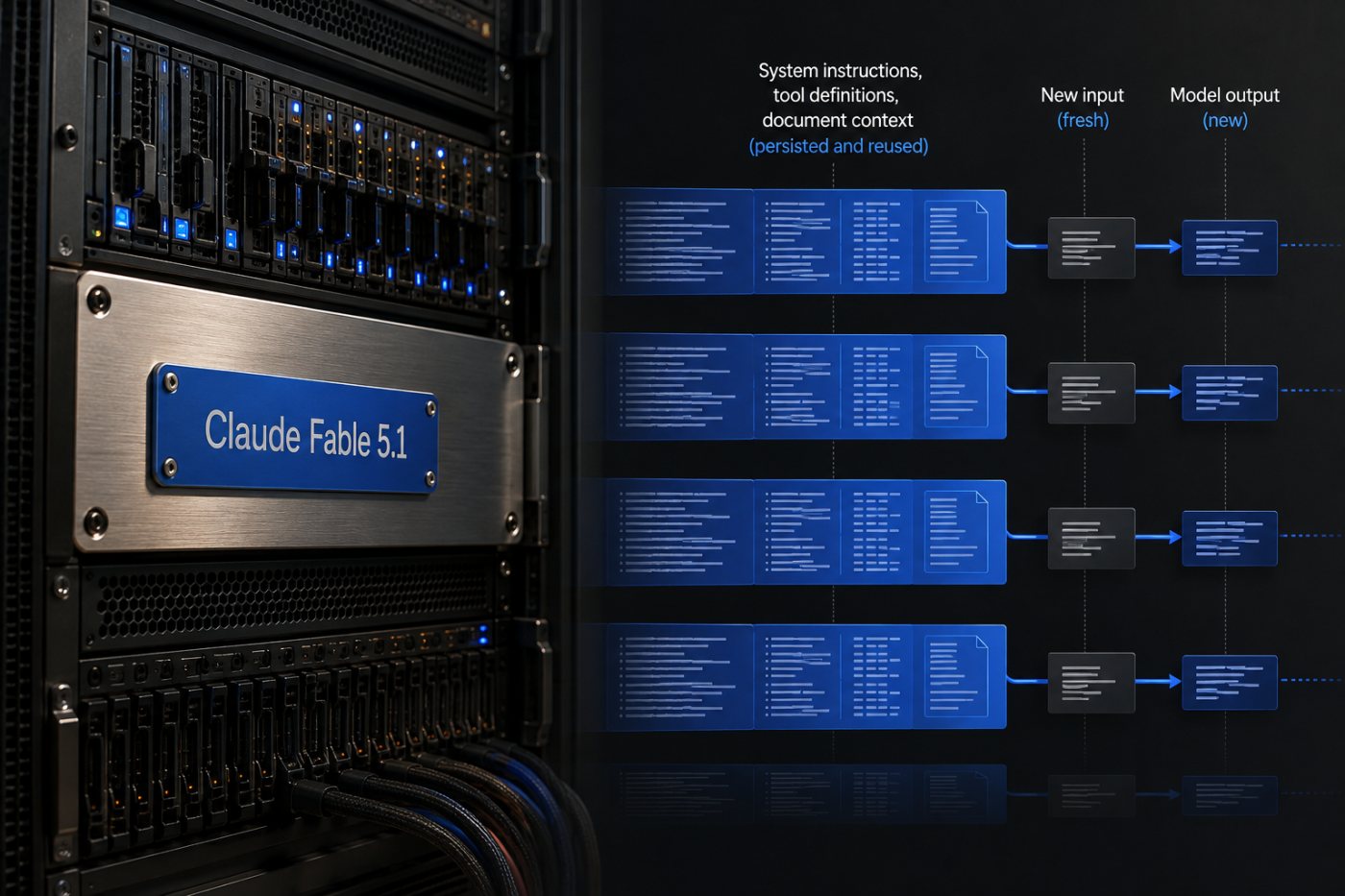 وكيل يعمل عبر Claude Fable 5.1 ويعيد استخدام سياق مخبأ ثابت خلال جولات متتابعة بكلفة قراءة أقل.