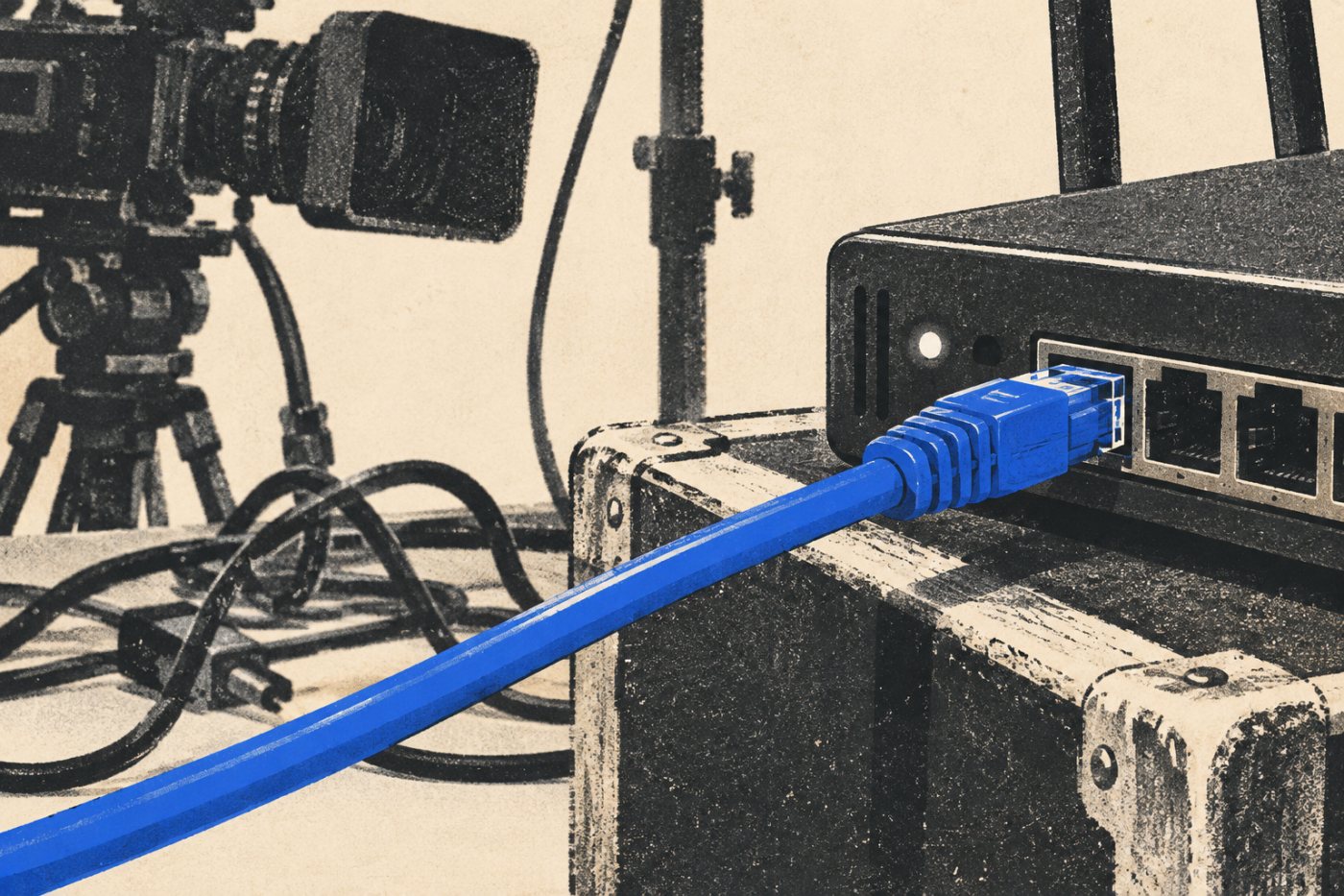 Koneksi Ethernet pada perangkat siaran menegaskan kebutuhan unggah yang stabil untuk siaran StreamYard 1080p.