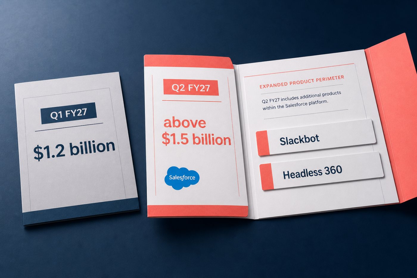 Salesforce’s Q1 and Q2 Agentforce figures are compared alongside the expanded Q2 scope covering Slackbot and Headless 360.