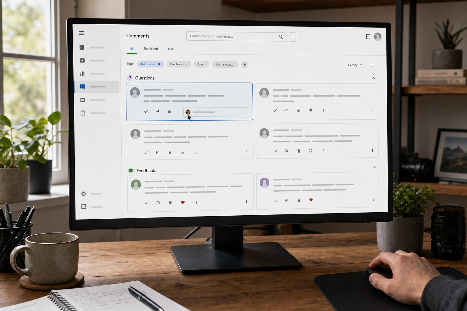 Topic-based comment search in YouTube Studio surfacing related viewer discussions