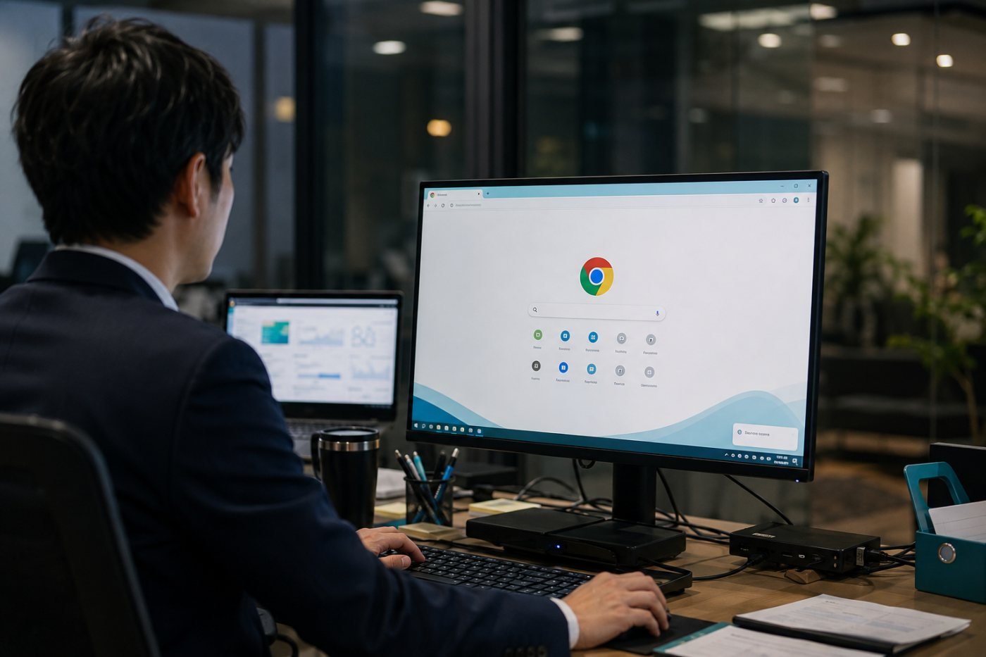 保留中のChrome更新を通知し、期限内の再起動で適用を完了する流れ