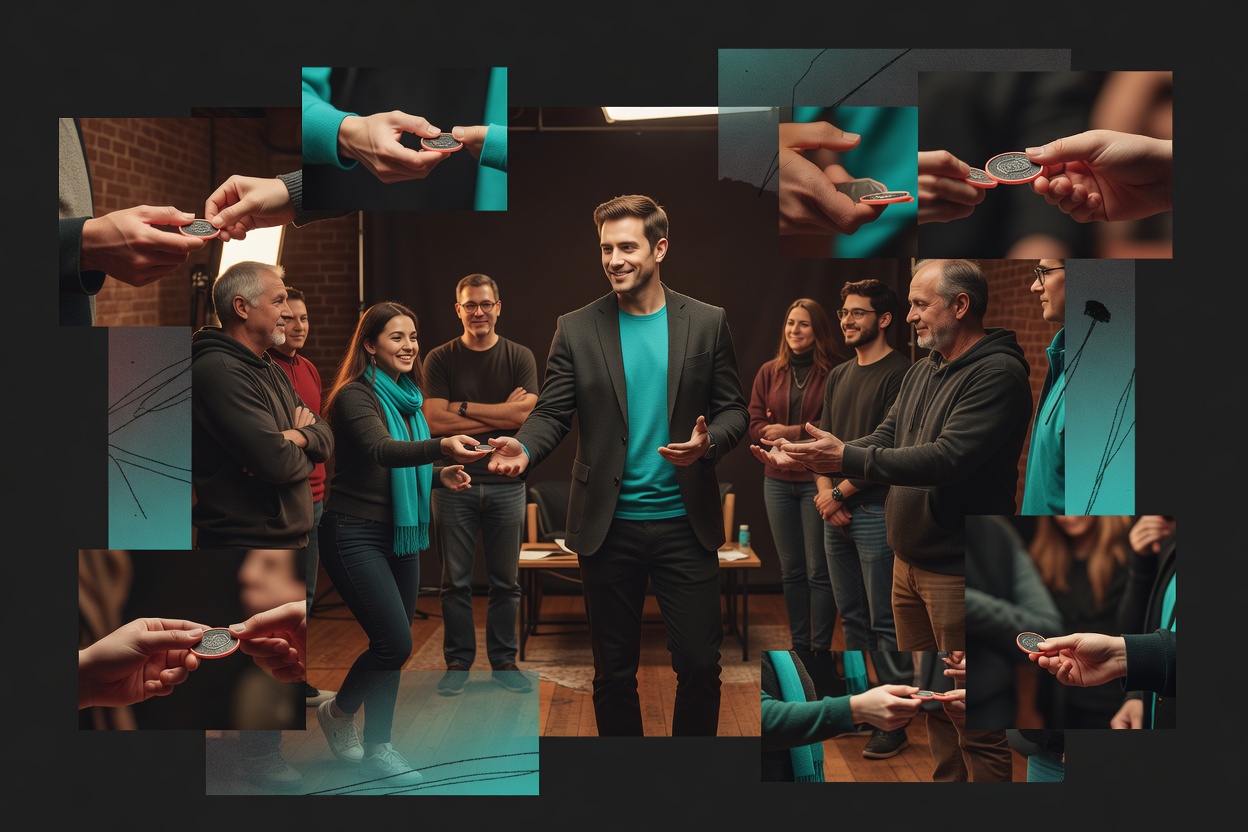 Audience members receiving physical tokens from creator in event setting