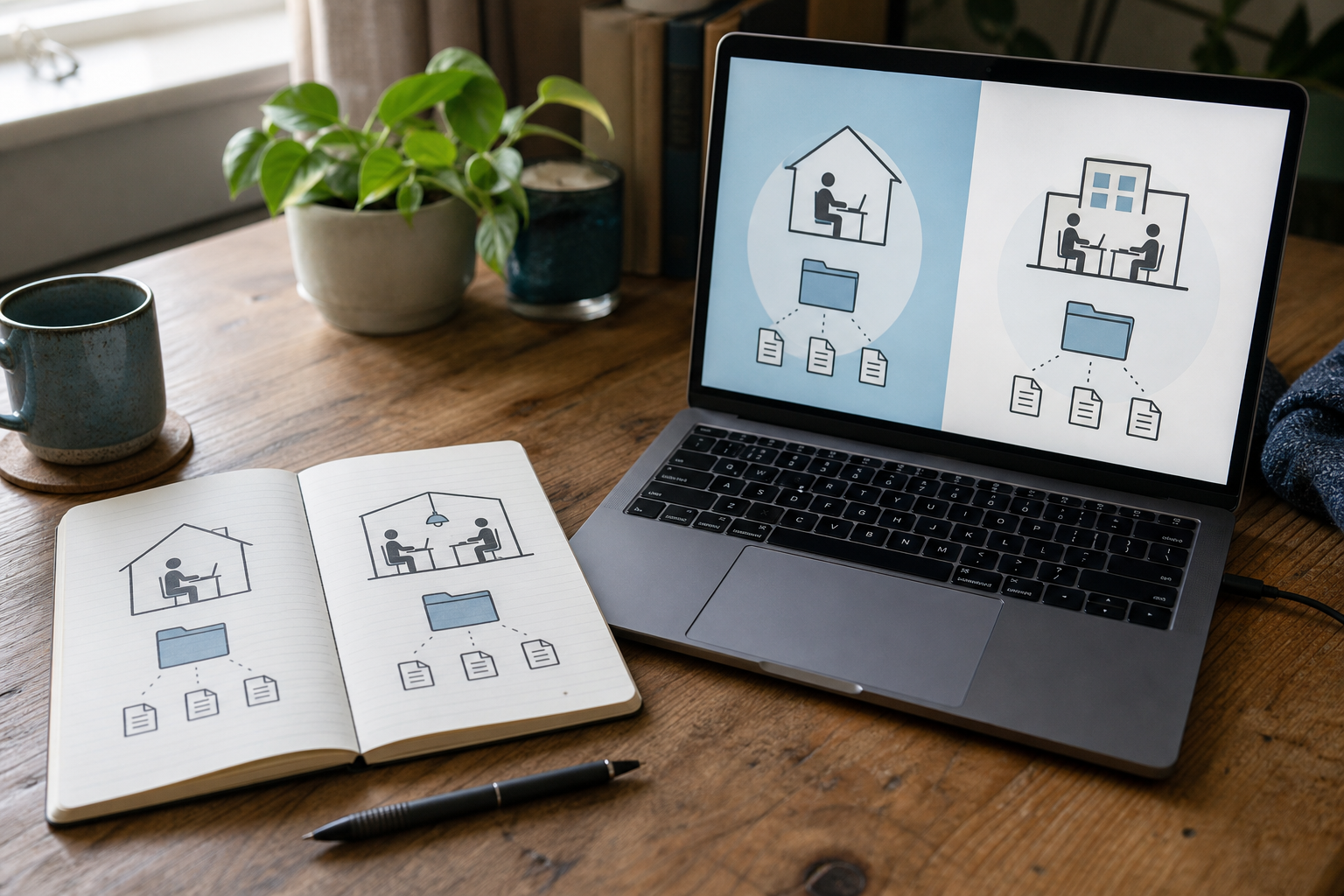 Laptop and notebook representing hybrid and fully remote work arrangements