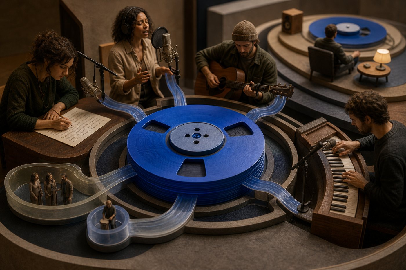 Human songwriting, lead vocals and primary instruments remain central while generative AI supplies a minor supporting part.