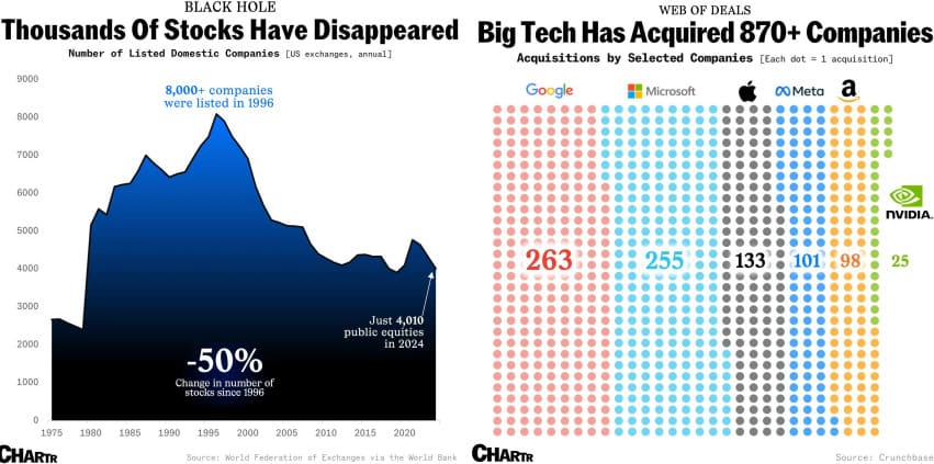 US Public Markets Shrink Dramatically: From 8,000 Companies in 1996 to Just 4,000 Today – And Big Tech Is Eating the Competition Alive