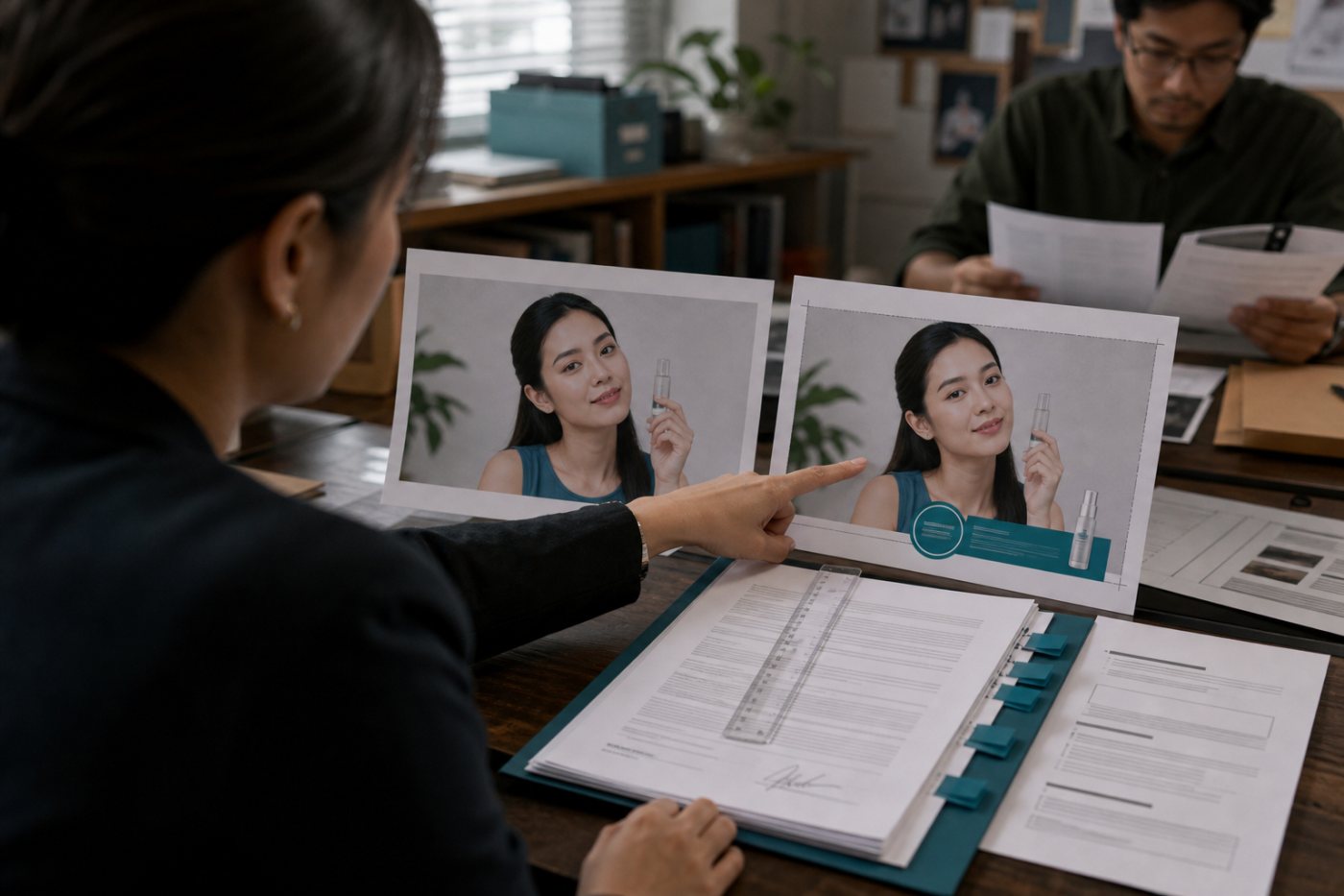 Pemeriksaan versi iklan terhadap konten yang disetujui dan batas tanggung jawab dalam kontrak.