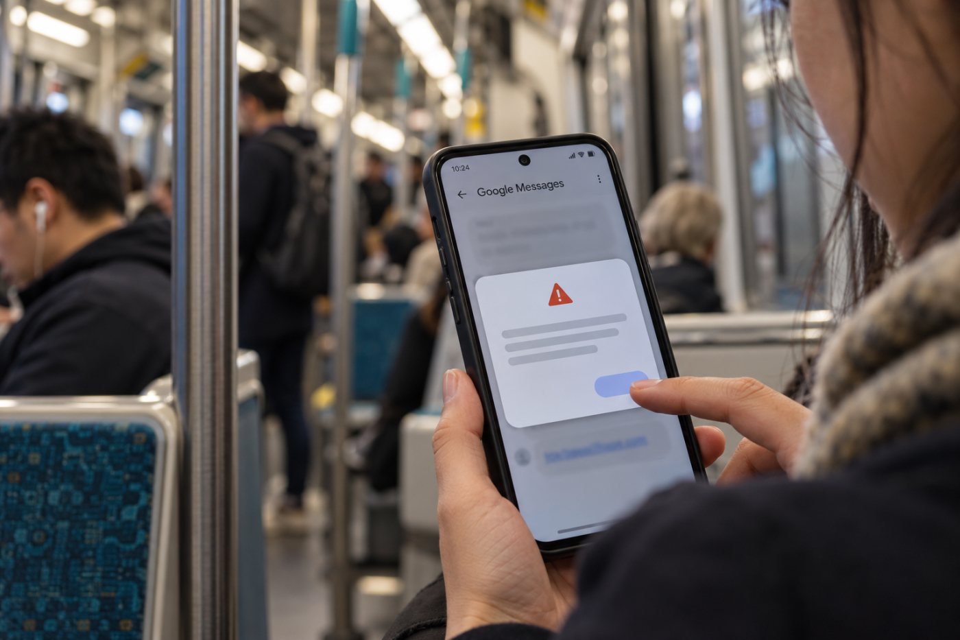 Google Messages memberi jeda peringatan sebelum tautan dari nomor yang tidak tersimpan dibuka.