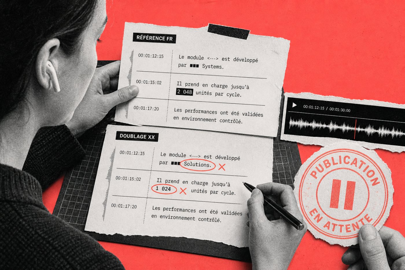 Contrôle d’une piste doublée et de sa transcription révélant un nom propre et un nombre incorrects.