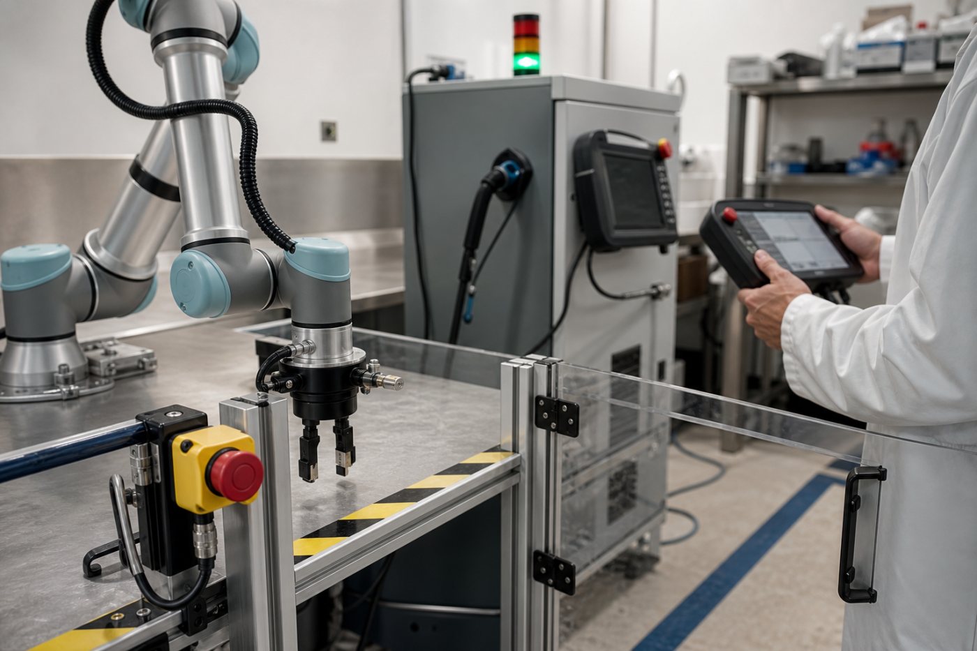 لیبارٹری robotic arm میں approved task sequence، مخصوص motion controller اور safety interlock الگ ذمہ داریاں سنبھالتے ہیں۔