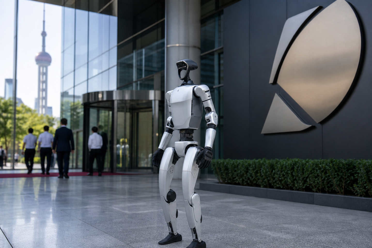Unitree humanoid robot outside a Shanghai financial district building