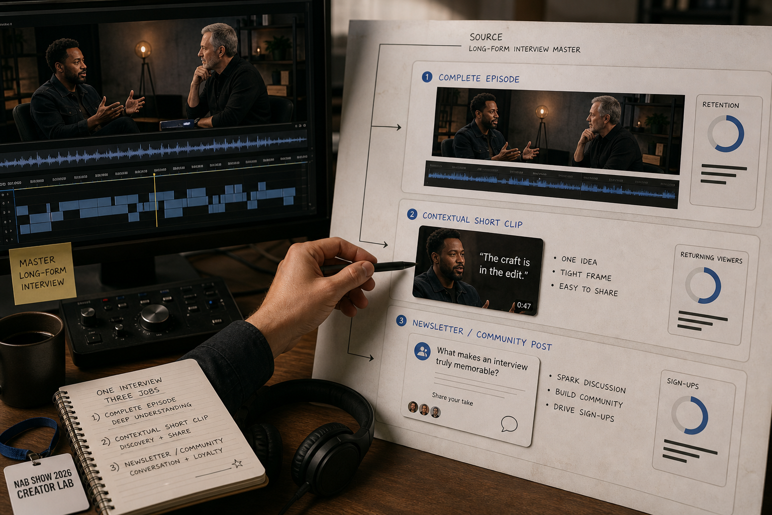 Creator turning one interview into distinct formats with separate audience goals and metrics.