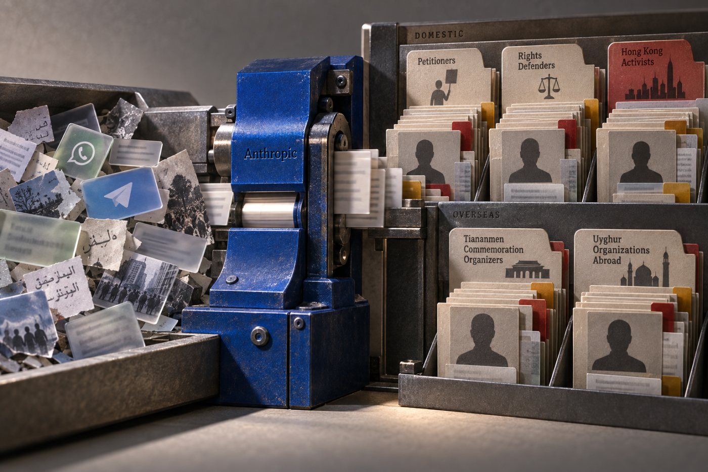 Des contenus de réseaux sociaux transformés avec Claude en catégories politiques et en dossiers de surveillance visant des dissidents.