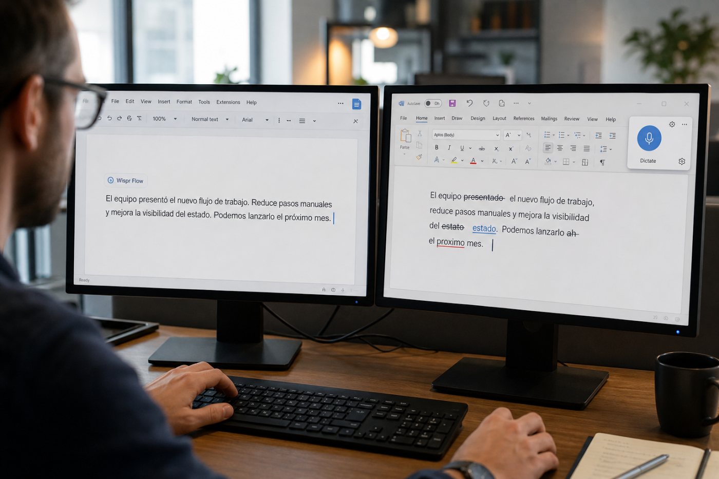 Wispr Flow compite con el dictado integrado mediante texto pulido y una menor necesidad de correcciones manuales.