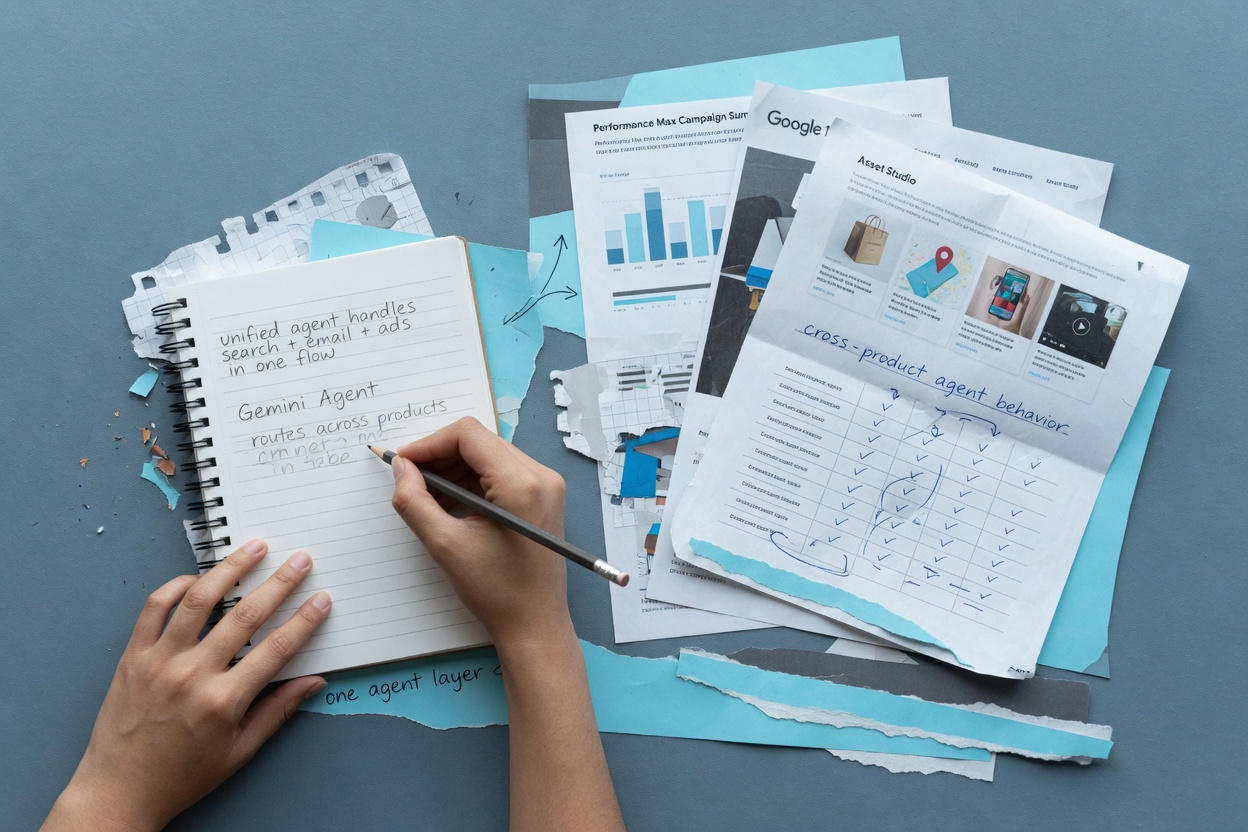 Hands documenting details of the Gemini agent using handwritten notes and reference papers.