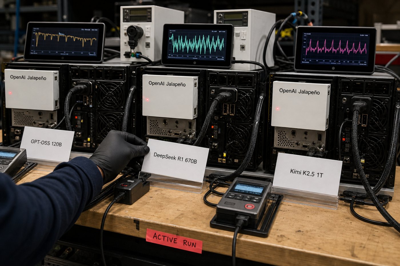 Tiga pengujian Jalapeño pada GPT‑OSS, DeepSeek R1, dan Kimi K2.5 menunjukkan hasil throughput per kilowatt dan latensi yang berbeda.