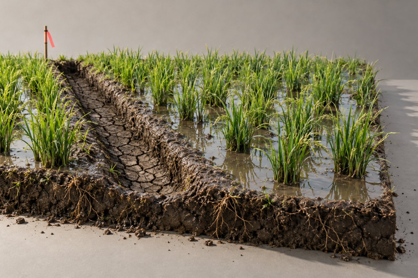 Одводен канал ја менува состојбата на водата во оризово поле, практика што CarbonFarm ја следи за процена на емисиите.
