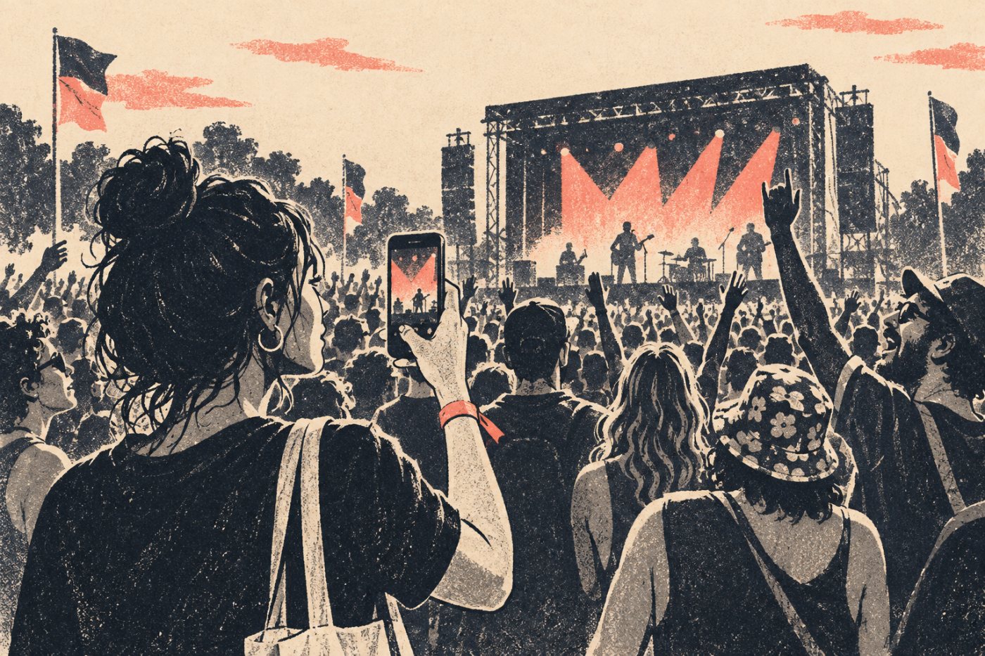 Een festivalbezoeker maakt inhoud over een optreden om anderen voor het evenement te interesseren.