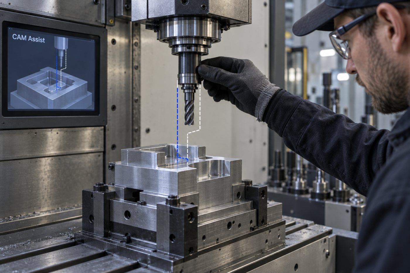 A machinist checks cutter and fixture clearance before approving a CAM Assist-generated toolpath for execution.