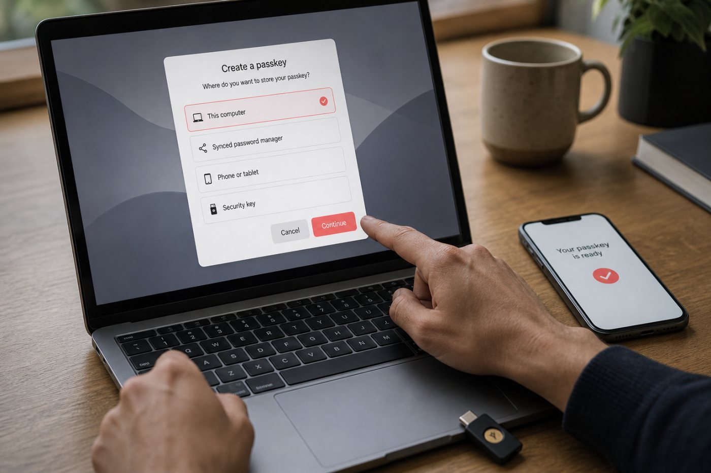 Choosing between local, synchronized, mobile-device and hardware-key storage for a new passkey.