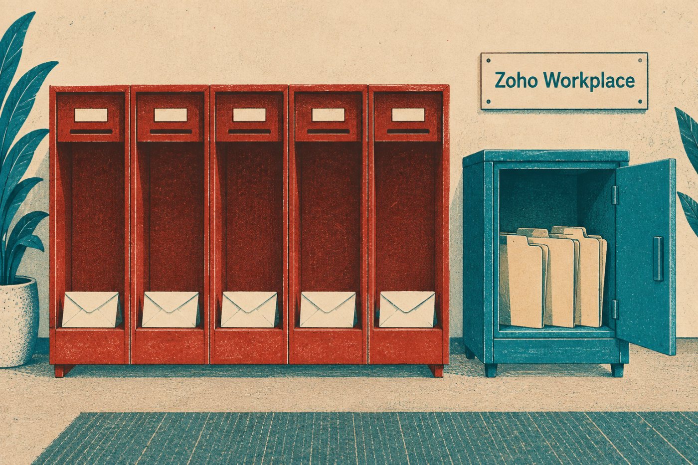 A Zoho Workplace Standard külön postafiók- és közös WorkDrive-tárhelye egy ötfős csapatnál.