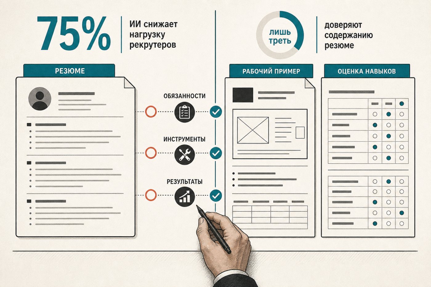 Заявленные в резюме навыки сопоставляют с практической работой и конкретными результатами