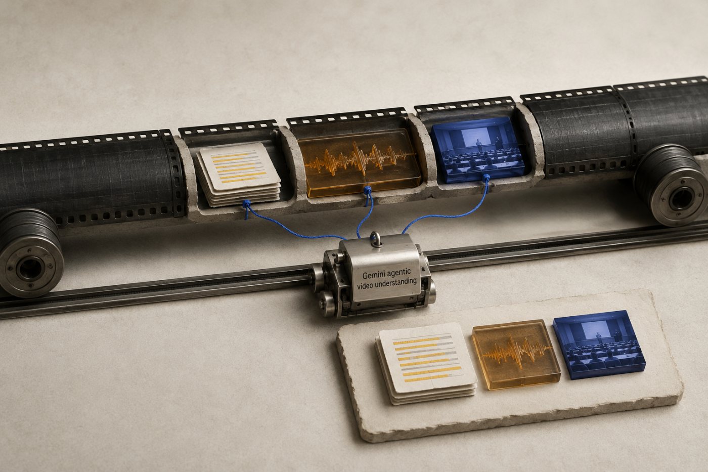 Gemini agentic video understanding selectively revisits transcript, audio and visual evidence in a long recording.