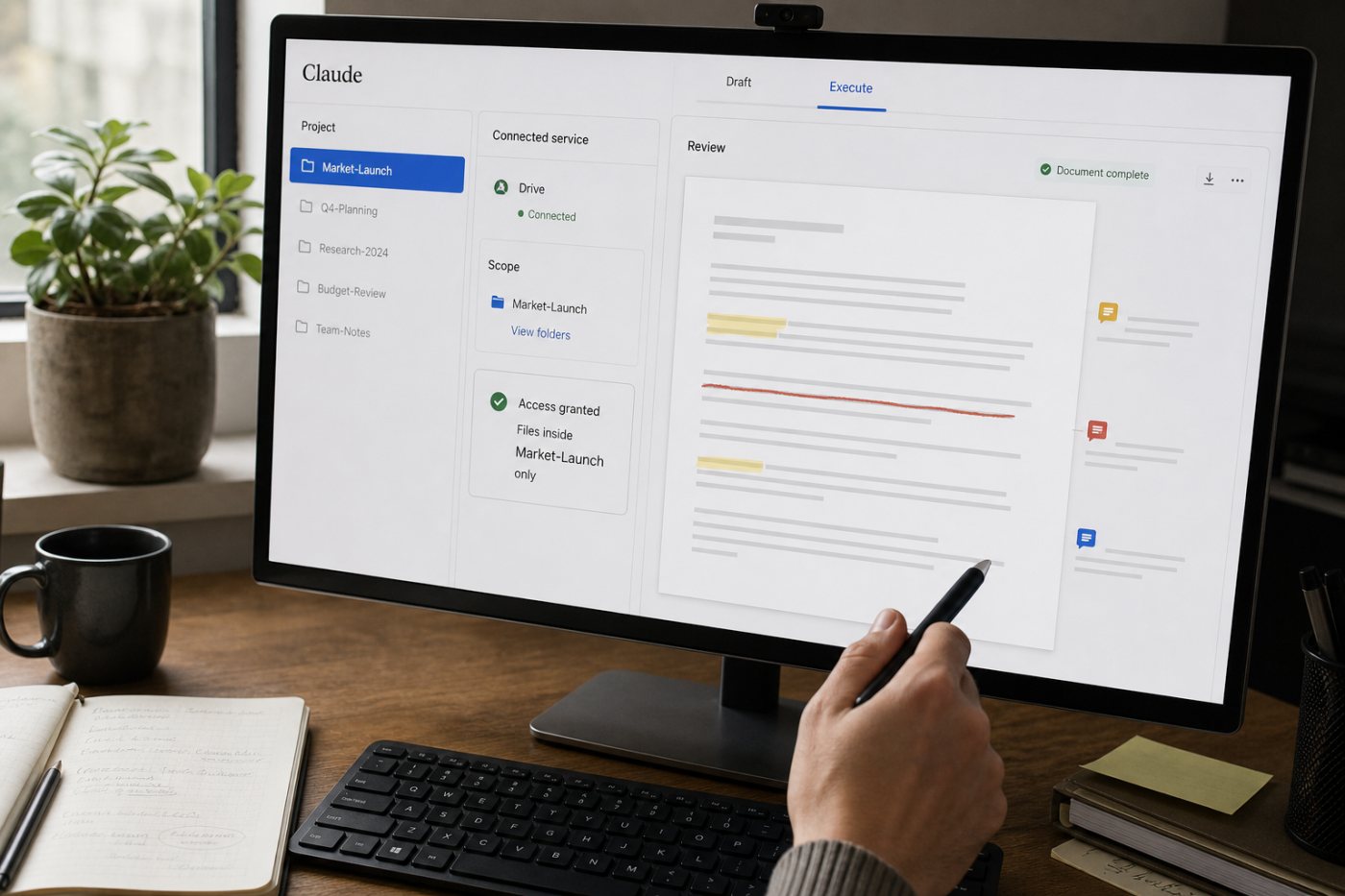 Claude Cowork utiliza una carpeta y un servicio autorizados para completar un documento sin acceder a otros recursos.