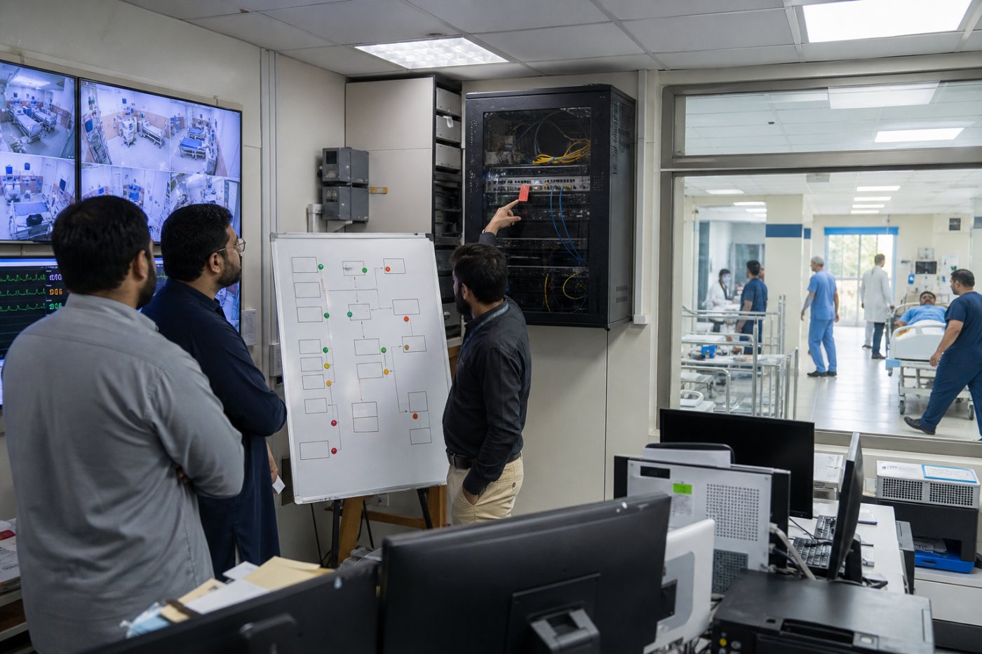 ہسپتال کی ٹیم طبی آلات اور بیرونی رسائی والے نظاموں کی ذمہ دارانہ asset inventory مکمل کرتی ہوئی