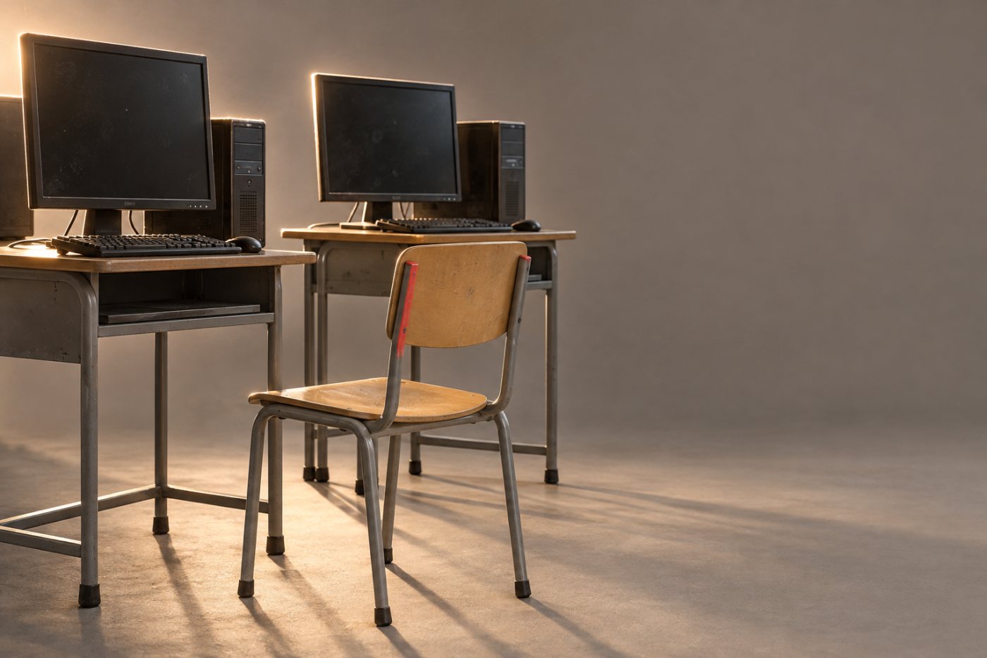 Un centru de testare dintr-o școală este pregătit pentru proba online a elevilor.
